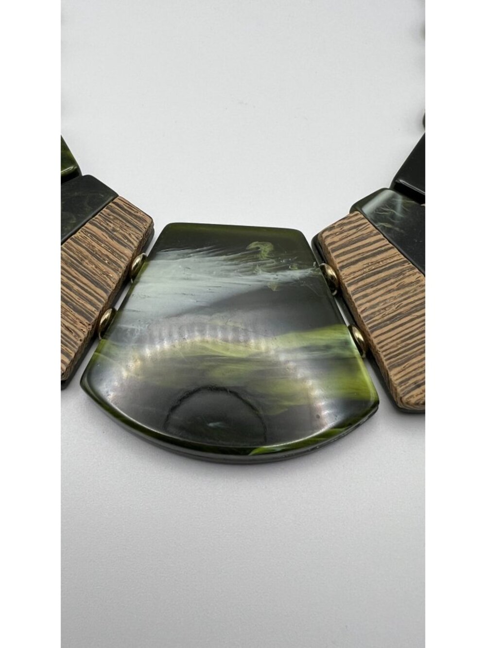 Chunky Green & Brown Geometric Statement Necklace With Adjustable Cord Closure - Picture 2 of 6